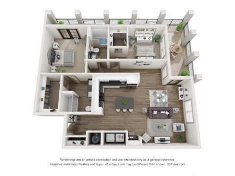A 3D floor plan of a house with a kitchen, living room, and two bedrooms.